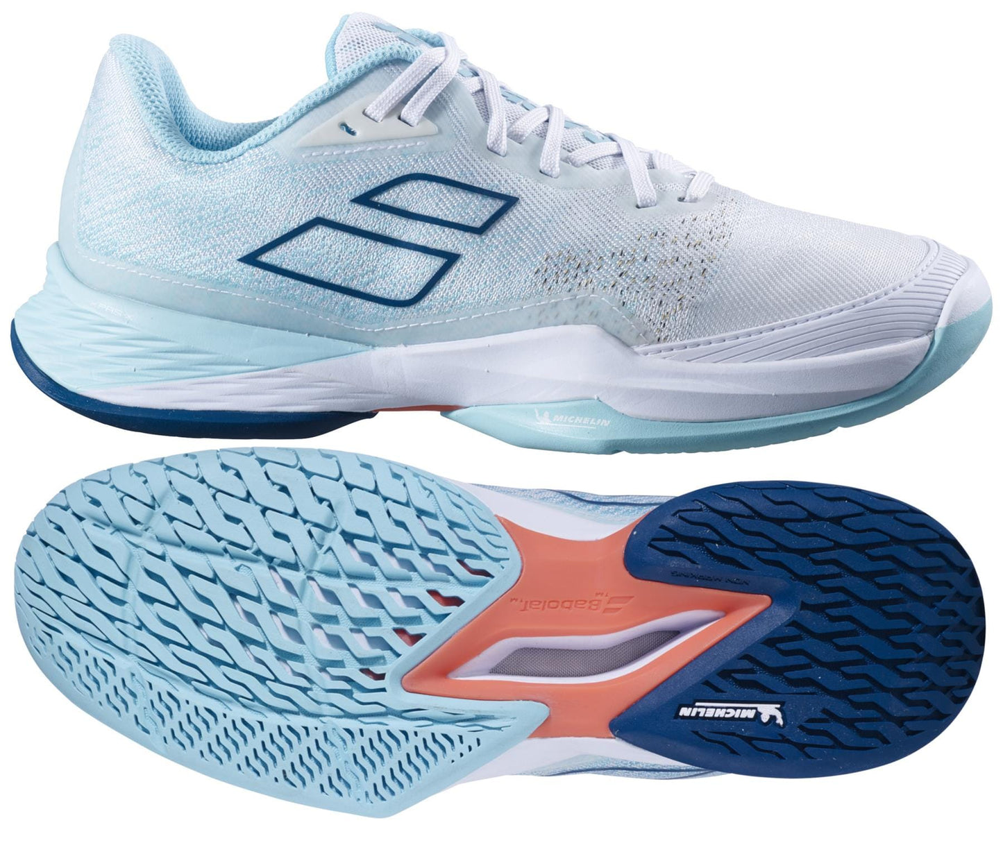 The Babolat Jet Mach 3 All Court Women's Tennis Shoes in White and Angel Blue present a top and bottom view of a white athletic shoe with light blue and aqua touches. Equipped with Matryx technology, the shoe features a Michelin sole with a textured pattern in shades of blue, along with three diagonal stripes adorning the side.