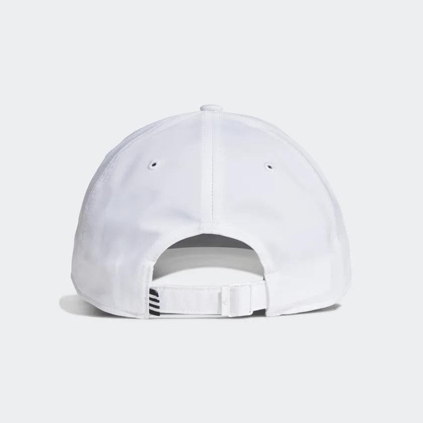 The image showcases the back view of an adidas Lightweight Embroidered Baseball Cap in white, featuring an adjustable strap and buckle. This Primegreen cap is made from lightweight material and is set against a light gray background.