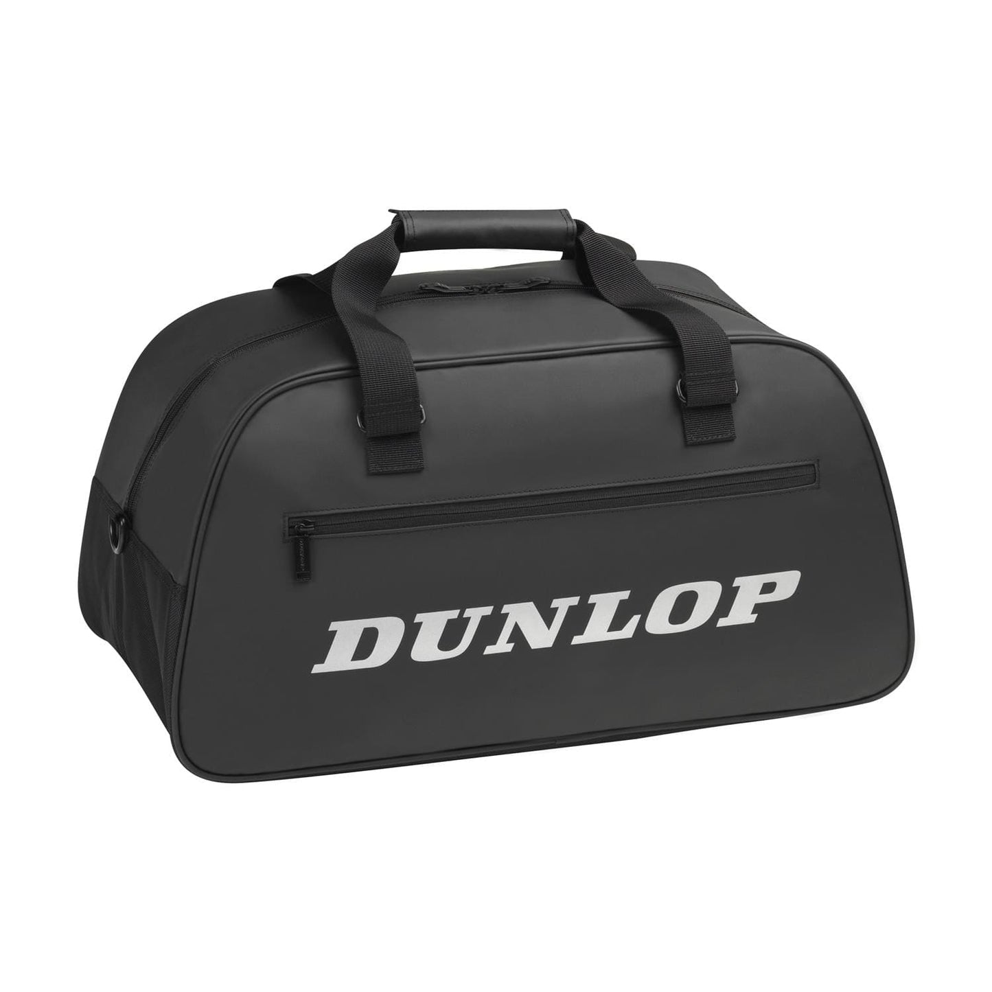 The Dunlop Pro Duffle Tennis Bag - Black from Dunlop is a stylish addition to your gear, displaying "DUNLOP" in prominent white letters. It offers a convenient carrying handle and a zippered front pocket, all made from robust TPU material designed for enduring performance both on and off the court.