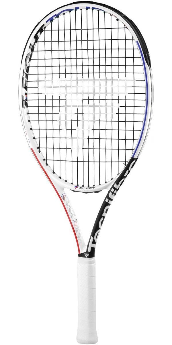 The Tecnifibre T-Fight 25 Tour Junior Tennis Racket - White is a high-performance racket with a sleek black, white, and red frame complemented by a white grip. Made from graphite, its strings are intricately patterned, displaying the "Tecnifibre" brand name prominently on the frame.