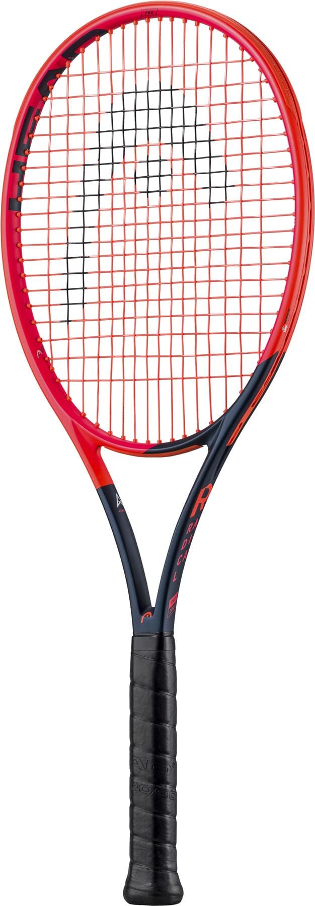 The HEAD Radical Pro 2023 Tennis Racket showcases a striking orange and navy blue design with a patterned string face and a wrapped grip handle, enhanced by Graphene for superior performance.