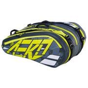 The Babolat RHX12 Pure Aero Tennis Racket Bag in a striking grey and yellow color scheme showcases bold "AERO" lettering, offering plenty of storage with multiple zippered compartments and padded straps to securely hold and protect all your tennis equipment.