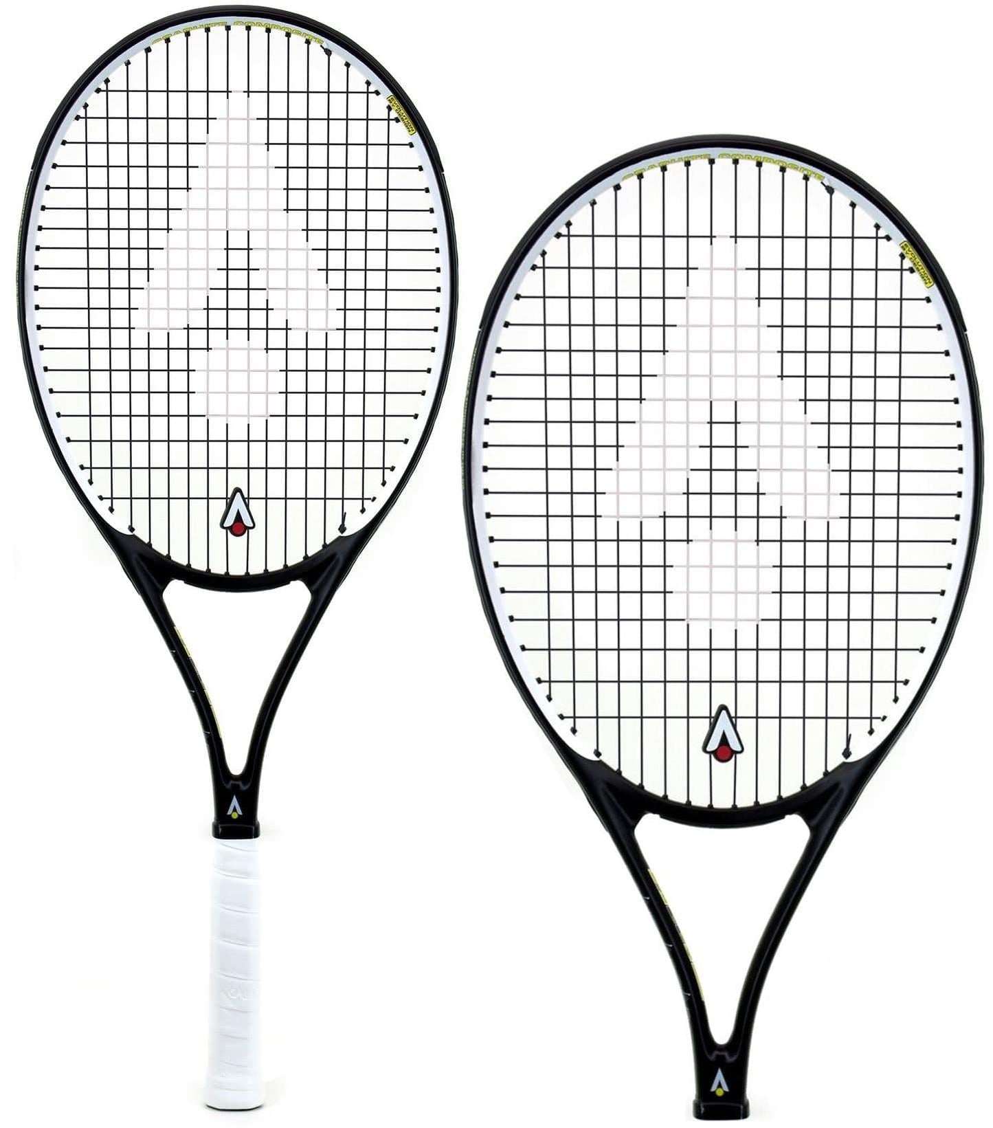 Two Karakal Pro Composite Tennis Rackets in black and white are displayed side by side. Each racket features a prominent geometric logo on its strings. Tailored for beginner to intermediate players, these rackets showcase a graphite composite construction with sleek frames and white handles.