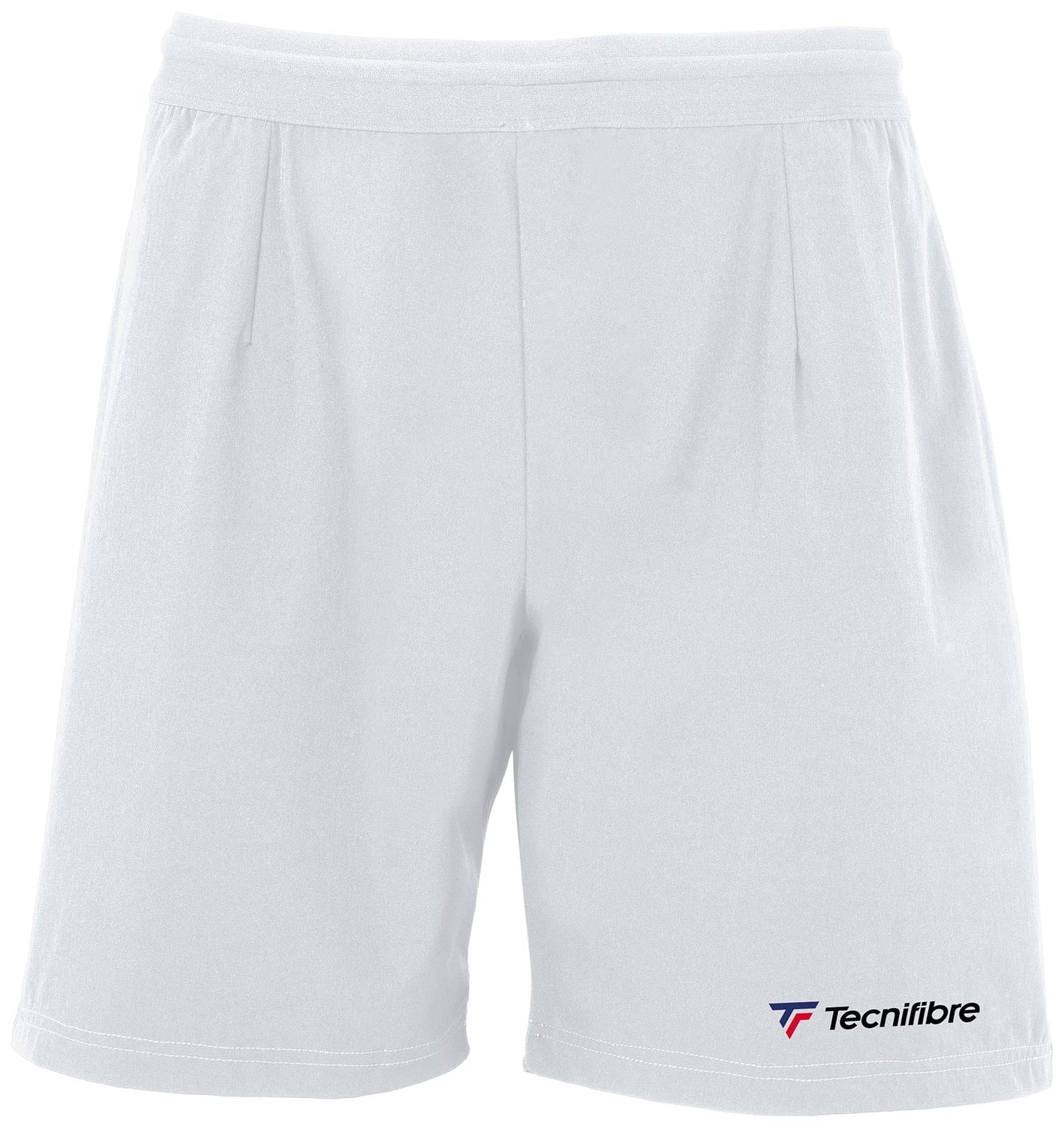 Tecnifibre Men's Stretch Tennis Shorts in white feature the Tecnifibre logo in the bottom right corner and are designed to provide comfort and flexibility for dedicated tennis players.