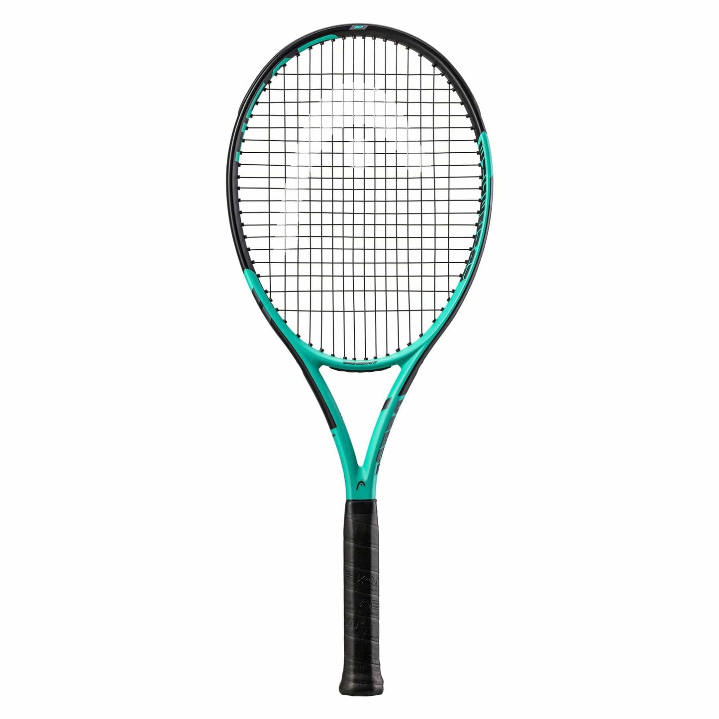 The HEAD IG Challenge MP Tennis Racket in a mint and black color scheme, crafted with Innegra graphite, features a grid of strings and is equipped with a black grip handle. It is showcased vertically against a white background.
