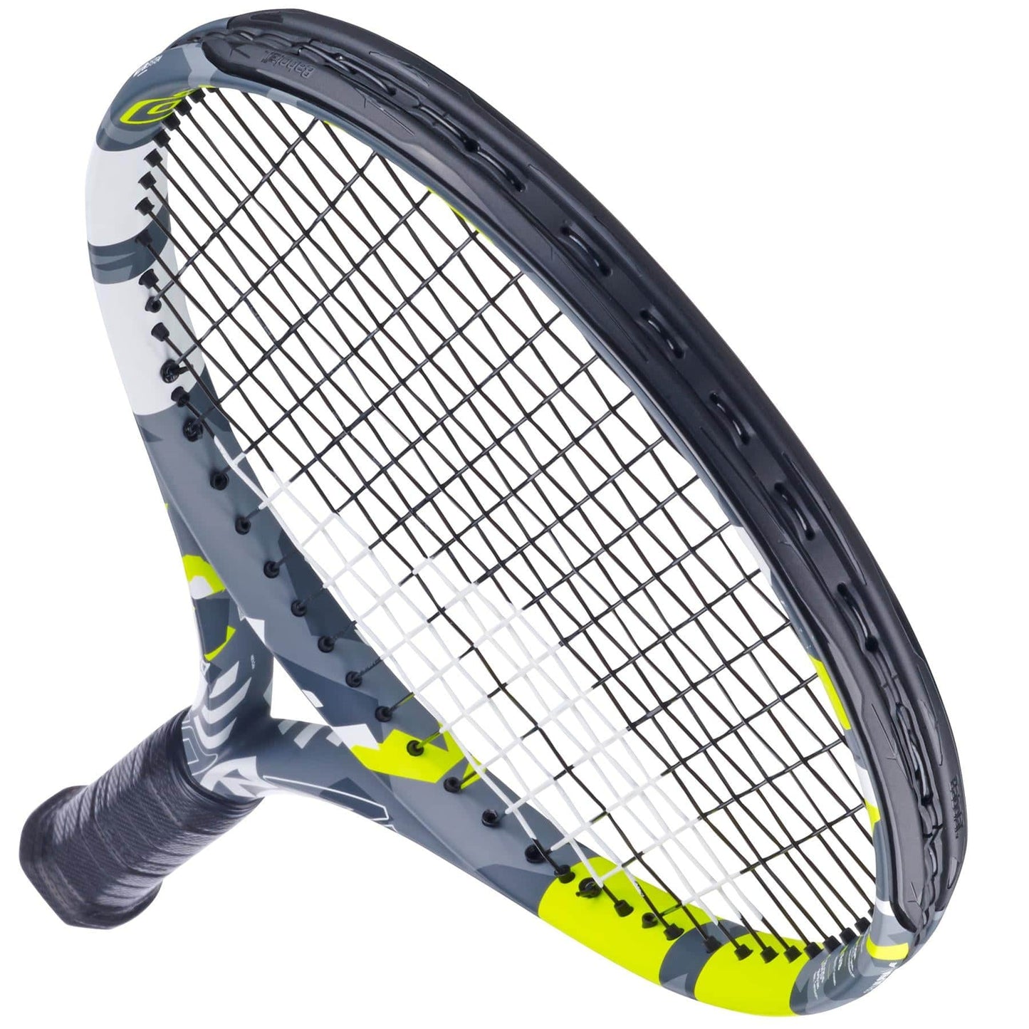 A close-up of the Babolat EVO Aero Tennis Racket - Grey / Yellow reveals its sleek gray, black, and neon yellow design. The tightly woven strings and textured grip ensure both power and comfort. Slightly angled away, the frame features Spin Alpha technology, which enhances each stroke with precision.