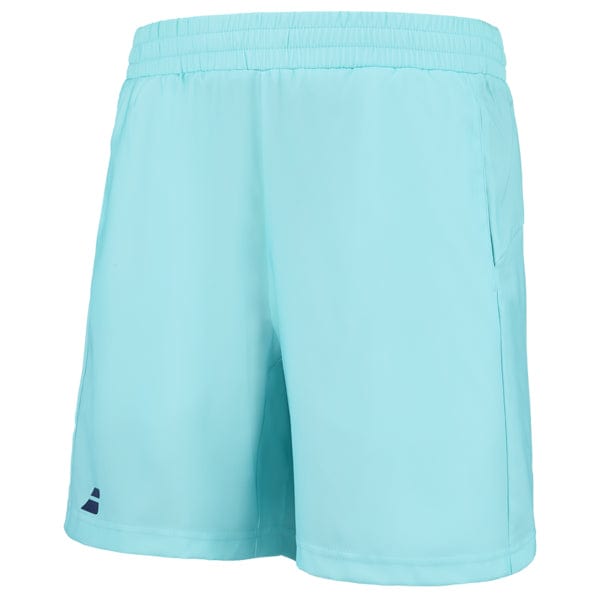 These Angel Blue Babolat Play Men's Tennis Shorts blend style and comfort with their elastic waistband and convenient side pockets. Utilizing FIBERDRY technology, they keep you dry on the court, and a small, dark blue Babolat logo by the hem on the left leg adds a distinctive flair.
