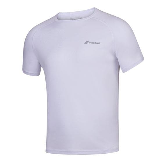 The Babolat Mens Play Crew Neck Tennis T-Shirt combines a clean white design with short sleeves, featuring a subtle gray logo on the upper left chest. Made from Fiber Dry-polyester, this shirt is designed by Babolat to offer maximum comfort and performance both on and off the tennis court.