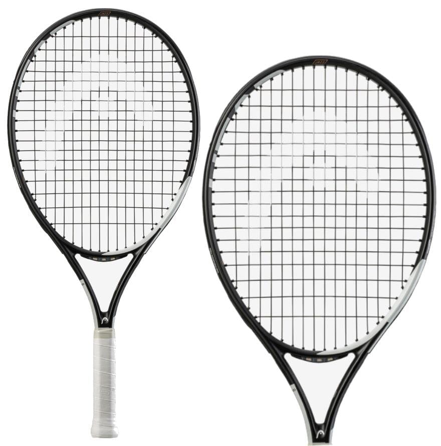Two HEAD IG Speed Junior 23 tennis rackets in black with white grips are displayed against a plain white background. Featuring lightweight graphite frames with logos on the strings, the image elegantly showcases both the front and back sides of these stylish HEAD rackets.