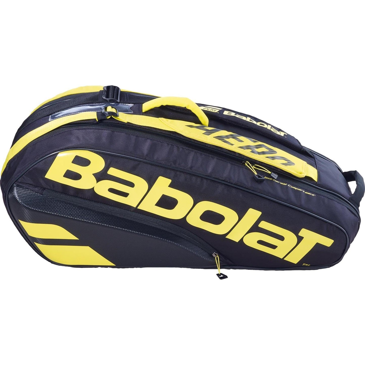 The Babolat RH6 Pure Aero 6 Racket Tennis Bag in black and yellow prominently showcases the brand's logo. It includes several compartments, such as an insulated one, and features a durable strap for comfortable carrying.