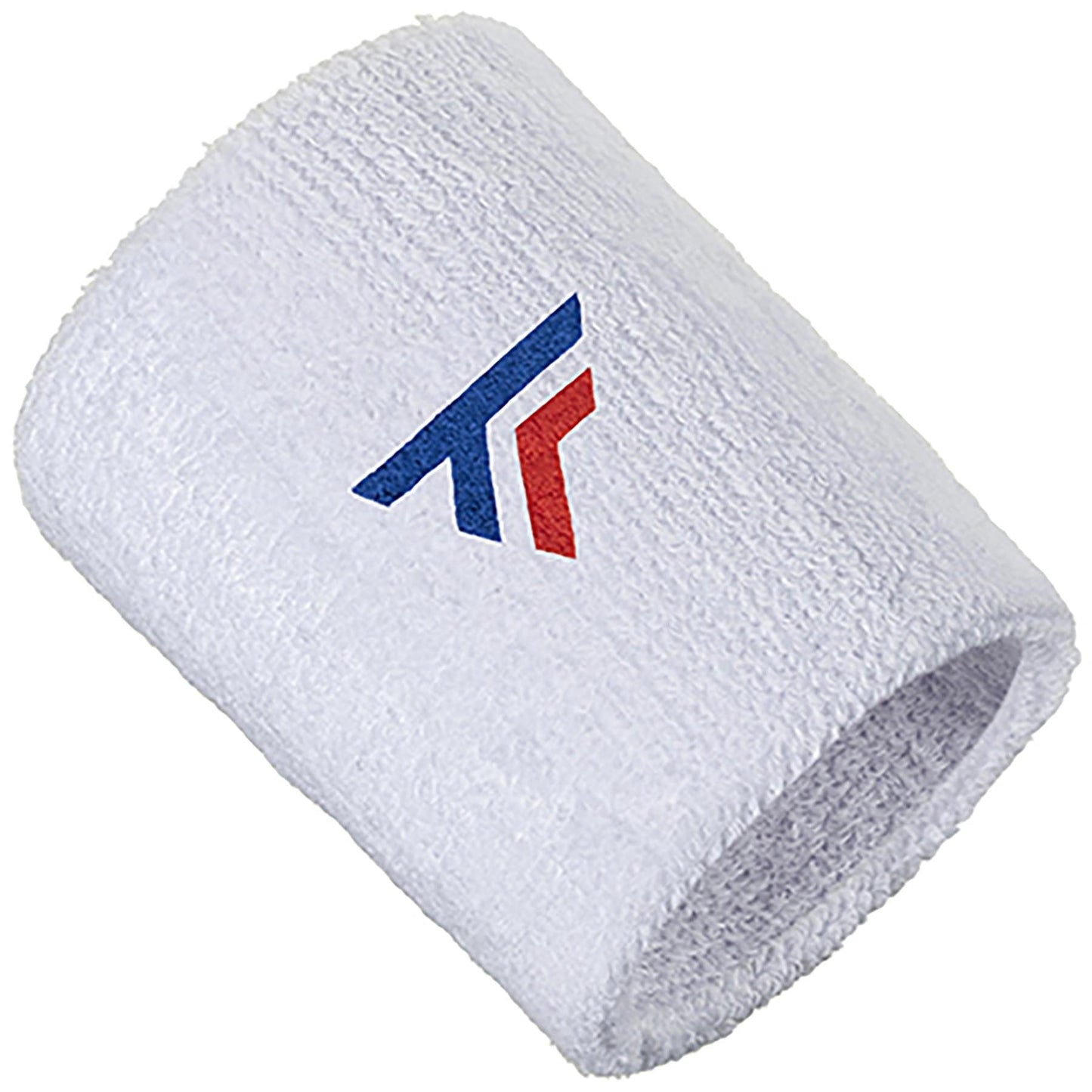 The Tecnifibre Tennis Wristband Sweatband XL - White is perfect for sports enthusiasts, showcasing a subtle logo of overlapping red and blue arrows. Stay dry with Tecnifibre's innovative design.