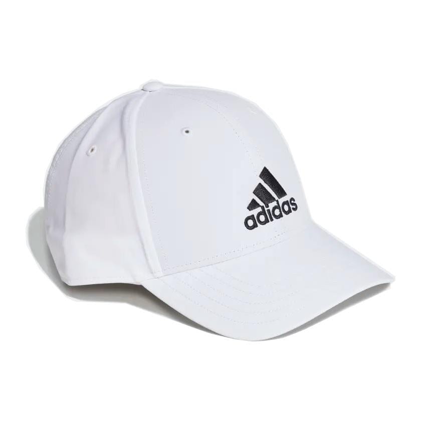 The adidas Lightweight Embroidered Baseball Cap in white is a sleek accessory showcasing a black Brand Name logo on the front. Its intricate embroidery and curved brim add a touch of style, beautifully contrasted with its light gray background.