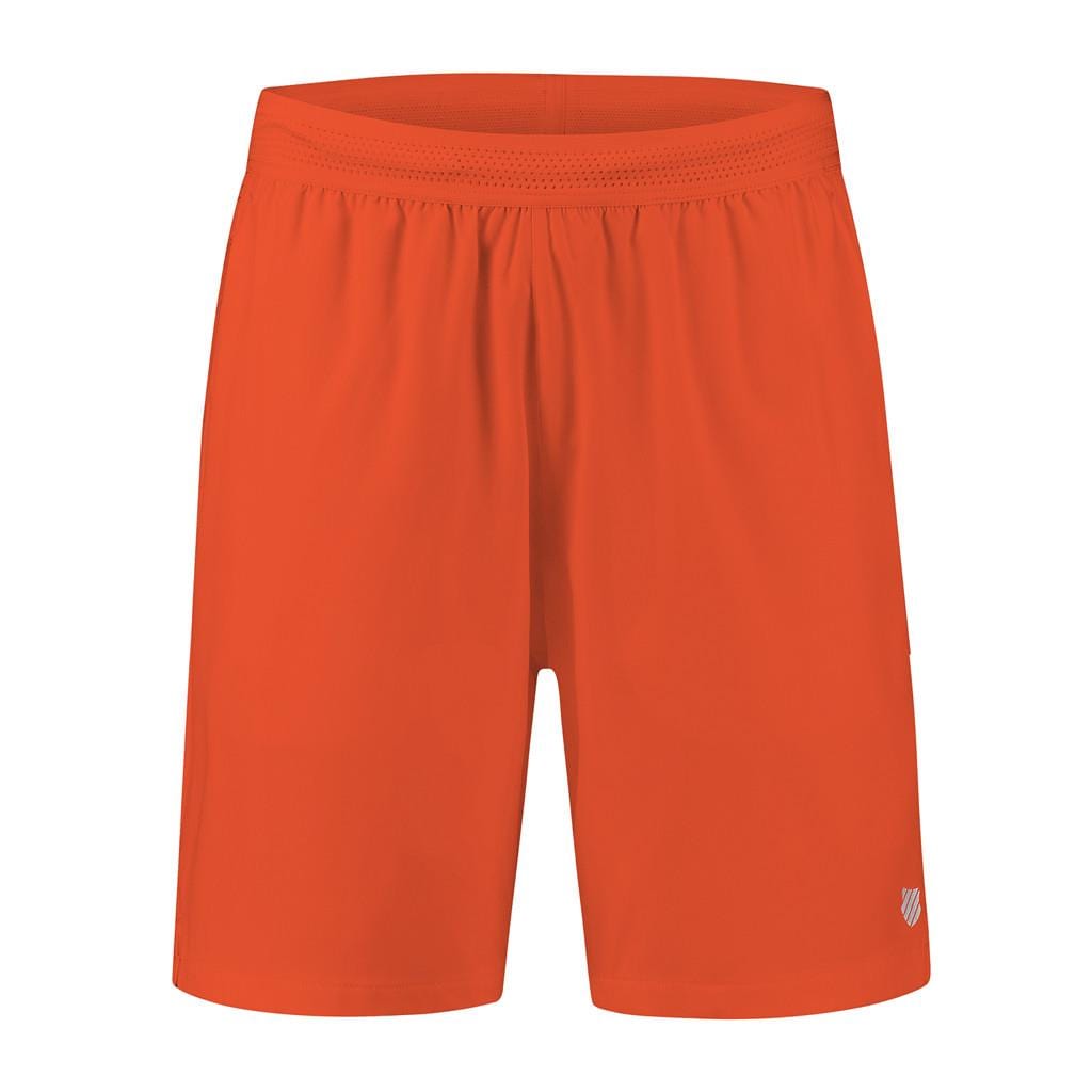 The K-Swiss Hypercourt Men's Tennis Shorts in Spicy Orange, featuring a small logo on the lower left leg and an elastic waistband, are designed for both sports and casual use. These shorts, crafted from lightweight fabric, ensure comfort during active wear while reflecting the classic K-Swiss style.