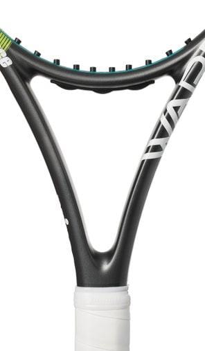 Close-up of the Prince Warrior 100 300g Tennis Racket by Prince, showcasing the black racket head and white grip, with visible strings and part of its sleek graphite frame. This modern design offers excellent baseline power for players who seek precision and control.