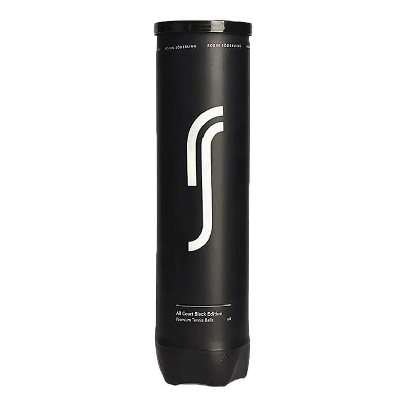 A cylindrical black tube of Robin Soderling RS Black Edition Tennis Balls features a sleek white logo and text, proclaiming "All Court Black Edition Premium Tennis Balls" by Robin Soderling, the official tennis ball supplier for ATP event tennis balls.
