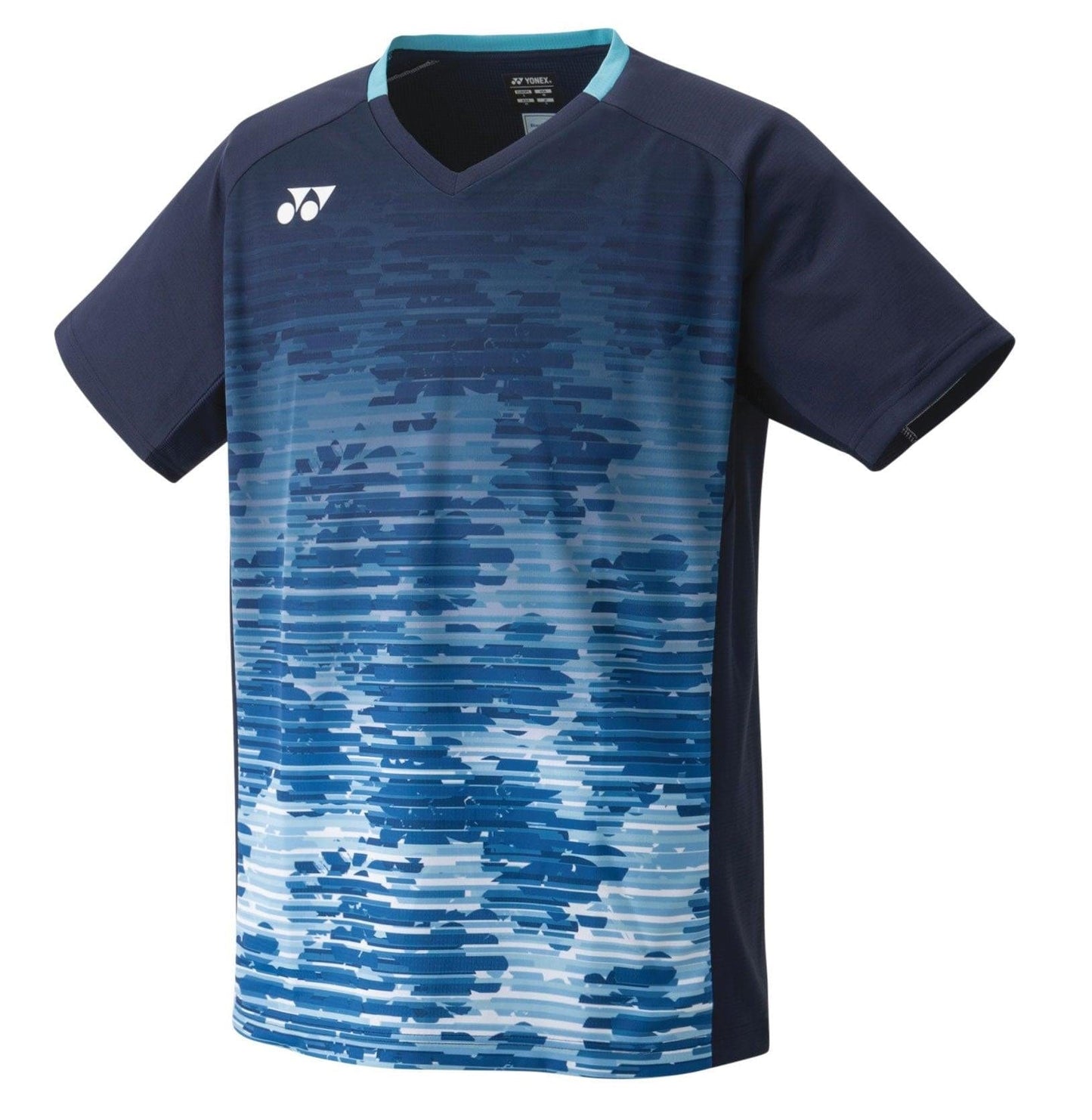 The Yonex 10505 Men's T-Shirt in Navy Blue exhibits a pixelated design with abstract horizontal lines in navy and light blue shades. It features short sleeves, a V-neck collar, and is equipped with advanced antistatic technology, making it both stylish and functional.
