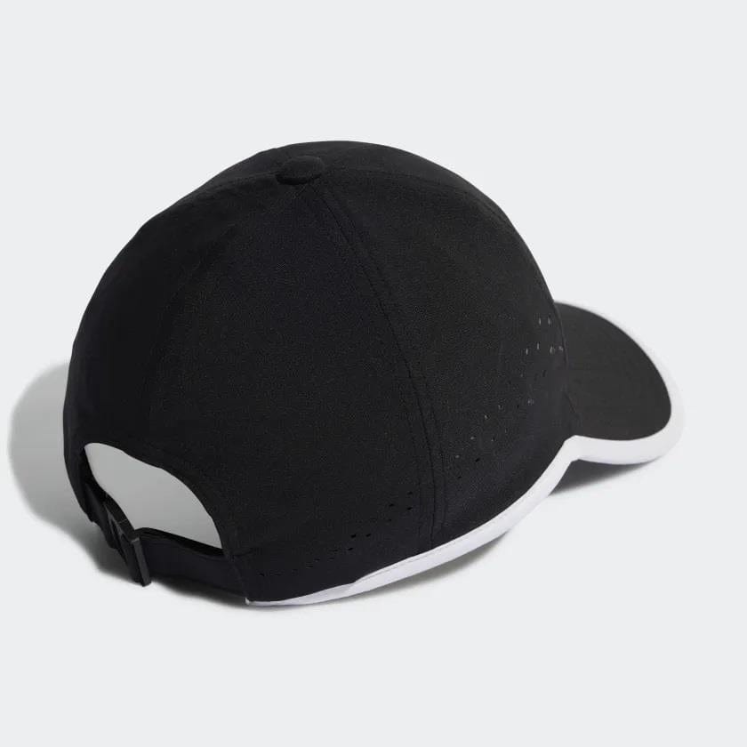 The adidas Aeroready Baseball Cap - Black is displayed from the rear, highlighting its adjustable strap for a perfect fit. It features a curved bill with a white underside and utilizes adidas Aeroready technology, incorporating recycled content for an eco-friendly design.