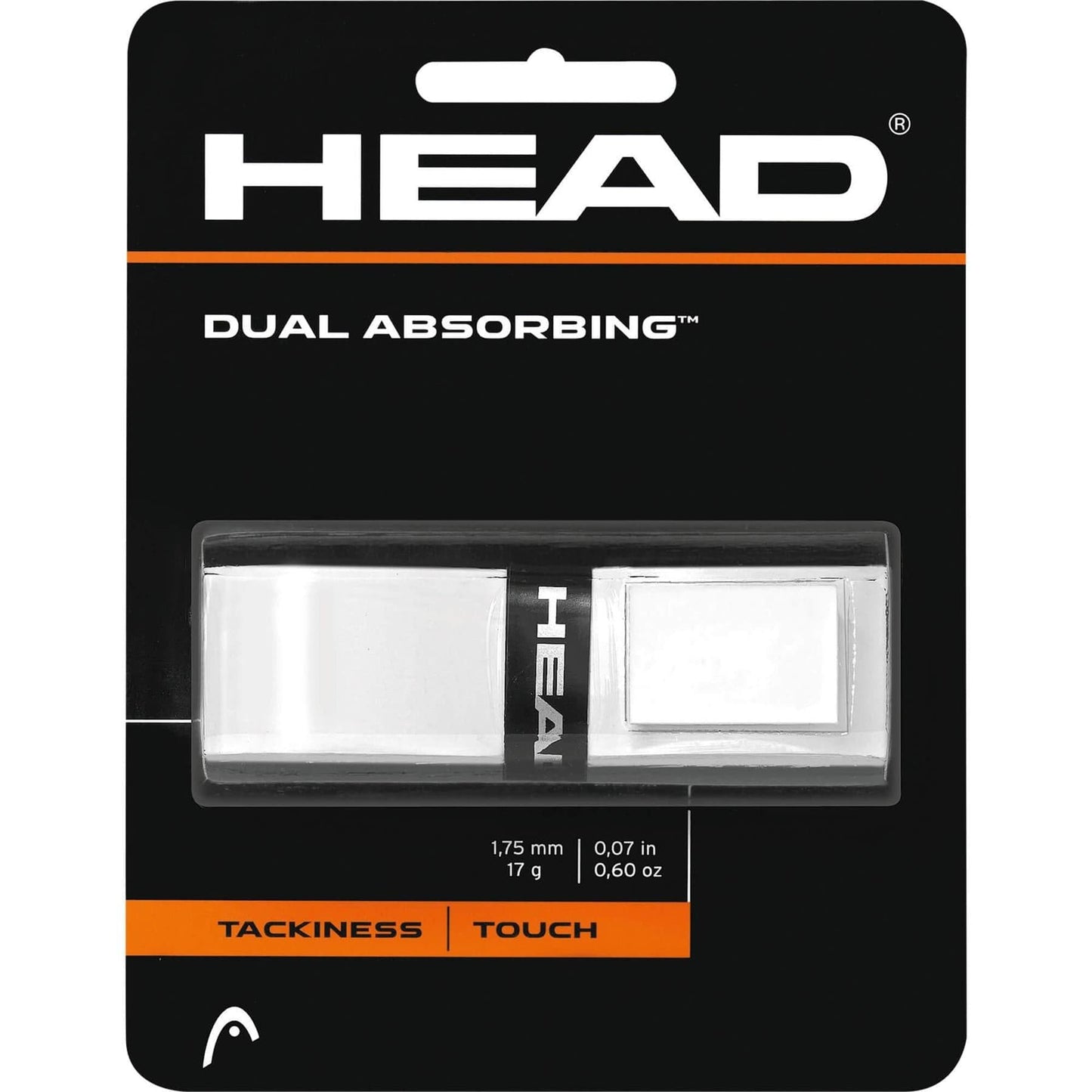 A package of HEAD Dual Absorbing Replacement Tennis Grip in white, made from a soft rubber composite, is displayed. The packaging features black colors with white and orange accents that prominently display the HEAD brand logo. Product details include dimensions and weight, emphasizing its tacky tennis grip for improved touch.