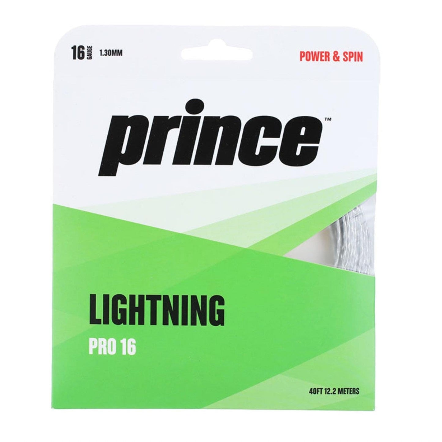 The image displays a package of Prince Lightning Pro Silver String Set by Prince, featuring Powerfoil Technology. The green and white packaging prominently highlights "Power & Spin" in red at the top right. These 16-gauge, synthetic gut strings are 1.30mm in diameter and offer a length of 40 feet (12.2 meters) for enhanced control and spin.