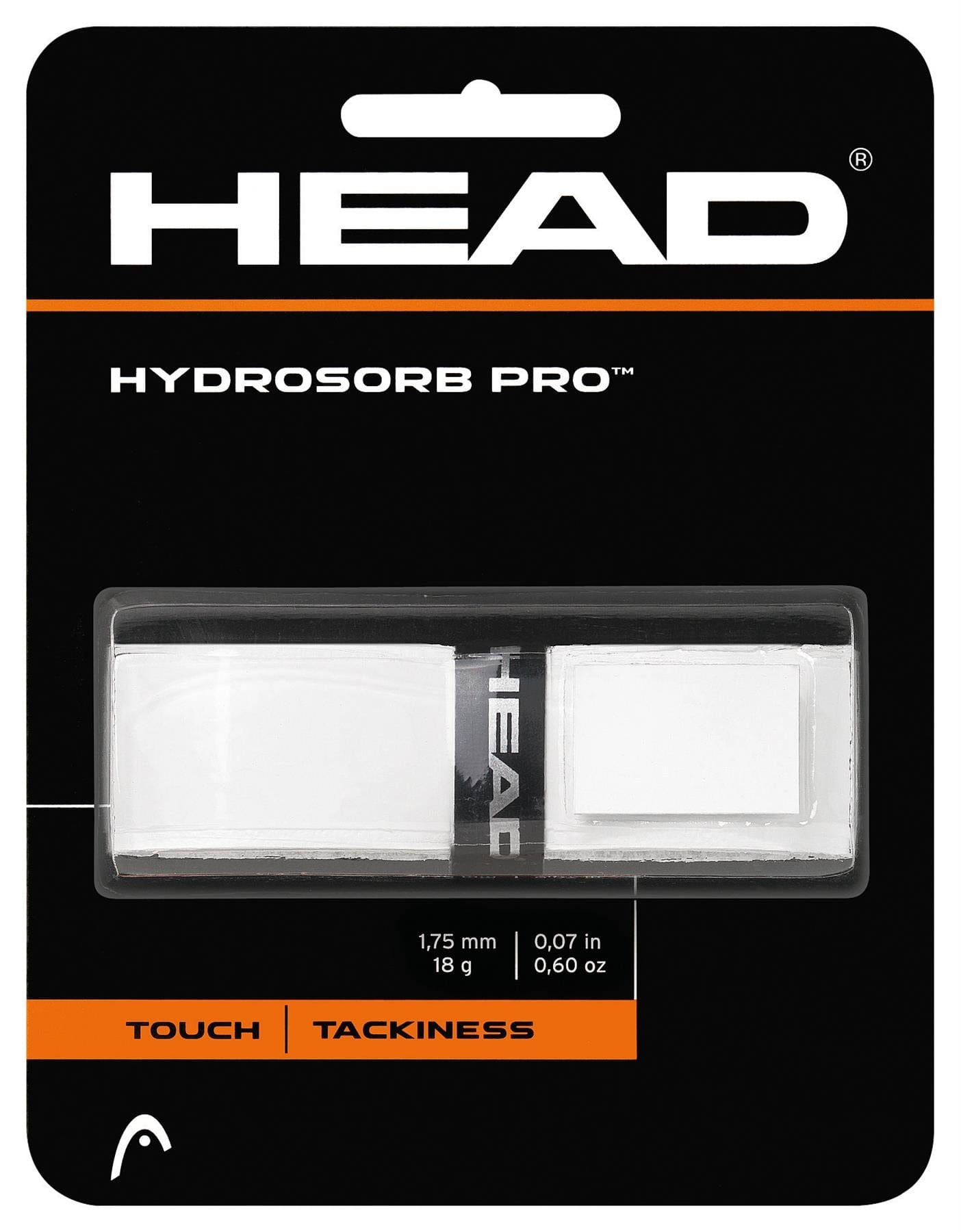 The premium HEAD HydroSorb Pro Replacement Tennis Grip packaging highlights a white tennis handle grip, with the text "Touch" and "Tackiness" prominently displayed on an orange stripe at the bottom.
