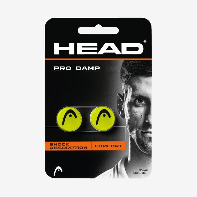 The packaging for the HEAD Pro Damp Tennis Dampener - Yellow by HEAD includes two yellow dampeners made of soft silicone, complete with a logo. It highlights features such as "shock absorption," "comfort," and vibration reduction. A grayscale image of a person in dynamic motion is partially visible on the side of the packaging.