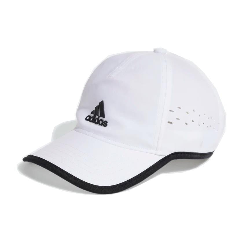 Introducing the adidas Aeroready Baseball Cap in white, designed by adidas. This cap features a prominent black logo on the front and elegant black trim along the brim. Made with moisture-absorbing materials, it includes small ventilation holes for enhanced breathability.
