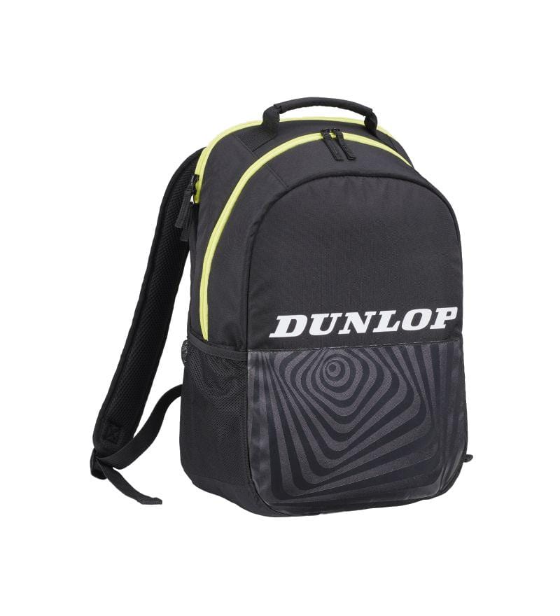Introducing the Dunlop SX-Club Tennis Backpack in black and yellow, featuring a stylish design with two compartments. The backpack is highlighted by a yellow zipper and handle, while the front proudly displays a white "Dunlop" logo alongside a geometric pattern in black and gray. It also includes a specialized compartment for your tennis racket.