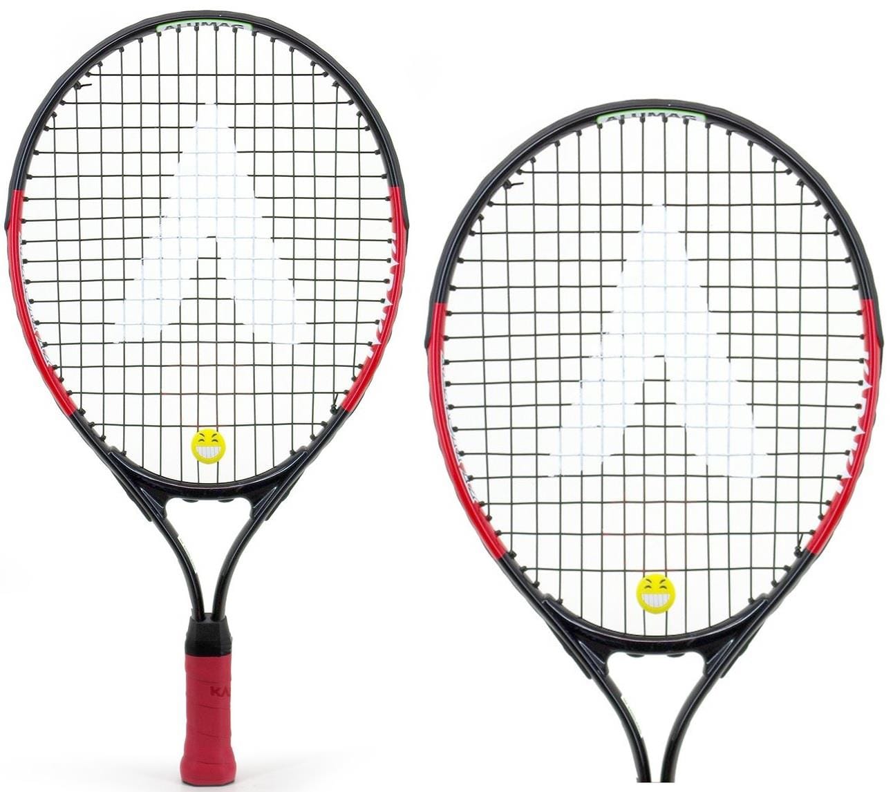 Displayed against a white backdrop are two Karakal Flash 19 Junior Tennis Rackets in black and red. These rackets feature strings adorned with a smiley face near the bottom, enhanced by vibration dampeners, and showcase a large "A" design in white at the center. They are crafted using durable 7050 Alumag Alloy.