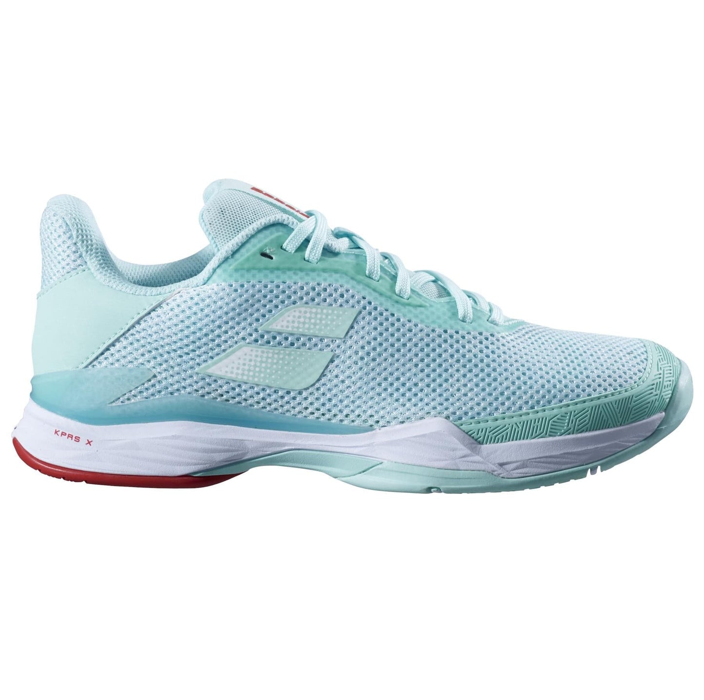 The Babolat Jet Tere All Court Women's Tennis Shoes in Yucca and White are light blue athletic shoes featuring mesh fabric, a lace-up closure, and a rubber sole. These shoes have a branded logo on the side along with a small red detail on the heel. Designed for comfort, they are perfect for both sports and casual wear.