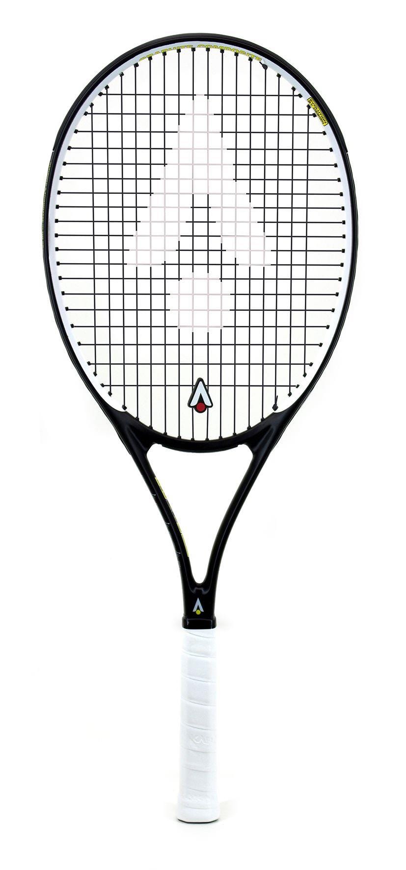 The Karakal Pro Composite Tennis Racket - Black / White by Karakal, ideal for beginner to intermediate players, features a sleek black frame with a white grip. Its tightly woven string pattern on a plain white background highlights the graphite composite construction for improved performance.