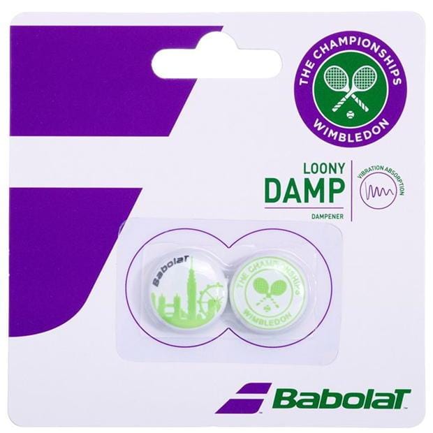 The Babolat Loony Damp Wimbledon Vibration Dampener (2 Pack), by Babolat, features distinctive Wimbledon Tennis branding. Primarily white and purple, this package includes two dampeners adorned with tennis-themed designs, providing an efficient solution to reduce vibrations on your racket's string bed.