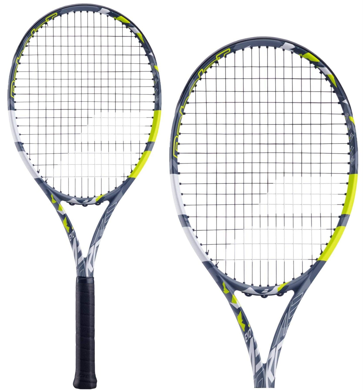 Two Babolat EVO Aero Tennis Rackets from the brand Babolat, featuring a gray frame with neon yellow accents and a black grip, are displayed. One is shown front facing while the other is in a side view, emphasizing their Spin Alpha technology for improved power and comfort during play.