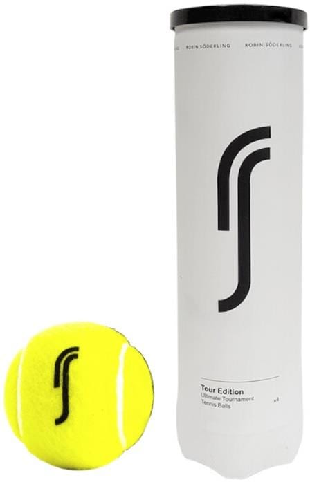 A yellow tennis ball, displaying a stylized "RS" logo, is positioned next to a cylindrical white tube labeled "Robin Soderling RS Tour Edition Tennis Balls - 4 Ball Tube." The container shares the same logo and has a black top, highlighting its role as the official tennis ball supplier for premier ATP events.