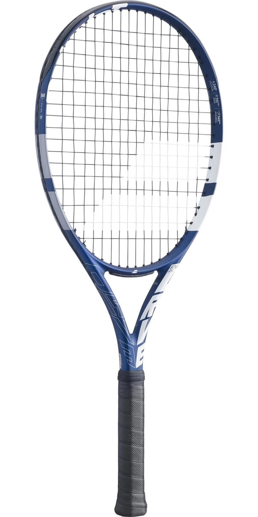 Introducing the Babolat EVO Drive 115 Tennis Racket in Dark Blue, ideal for intermediate players. This lightweight racket from Babolat features a tightly strung grid-patterned head and a textured black grip handle. White accents on the frame enhance its sleek design against a plain background.