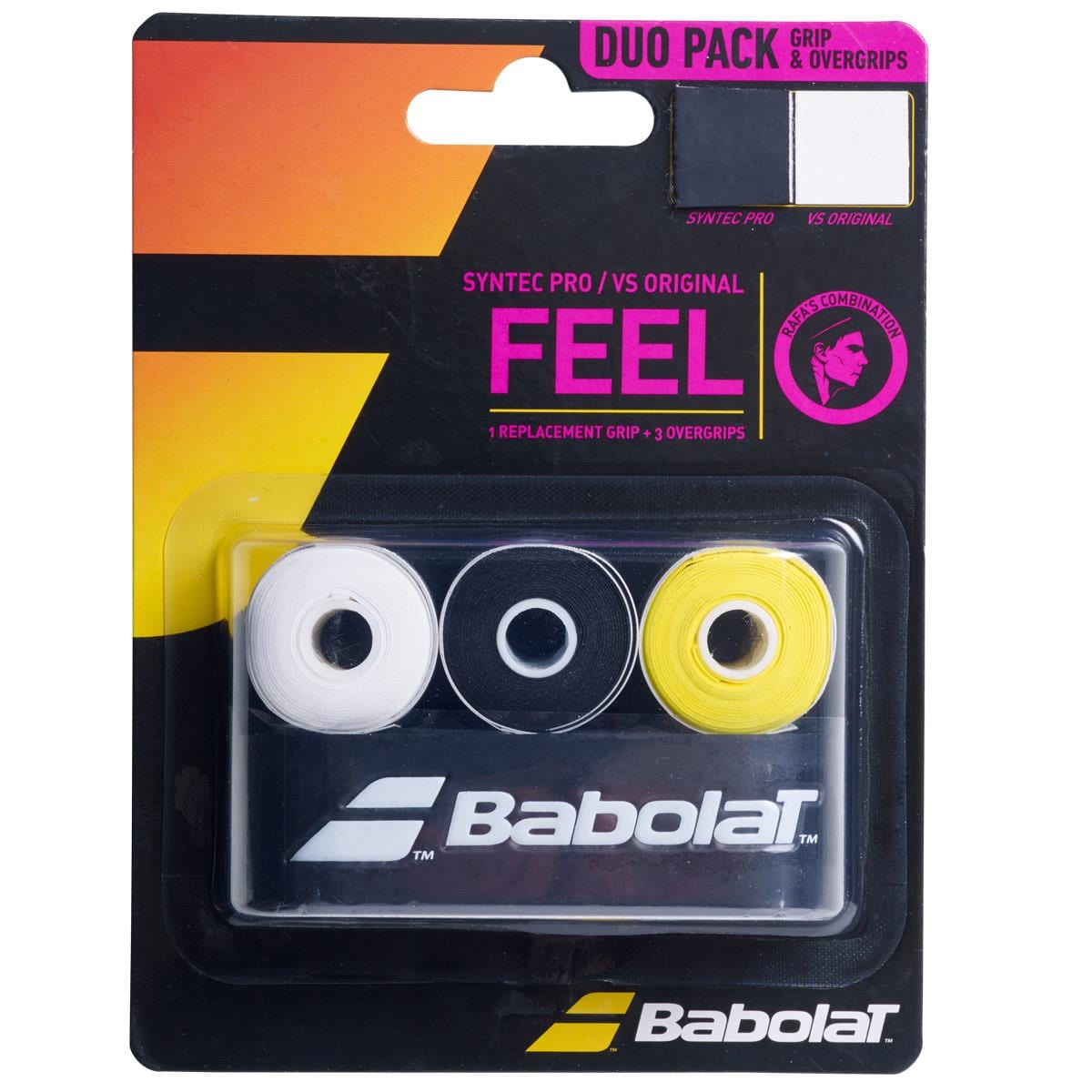 The Babolat Syntec Pro X1 + VS Original X3 Tennis Grips Combo Pack - Multi offers a range of tennis grips and overgrips in vibrant white, black, and yellow shades. Ideal for Rafa Nadal enthusiasts, the packaging prominently features "Syntec Pro / VS Original Feel" with the recognizable Babolat logo.