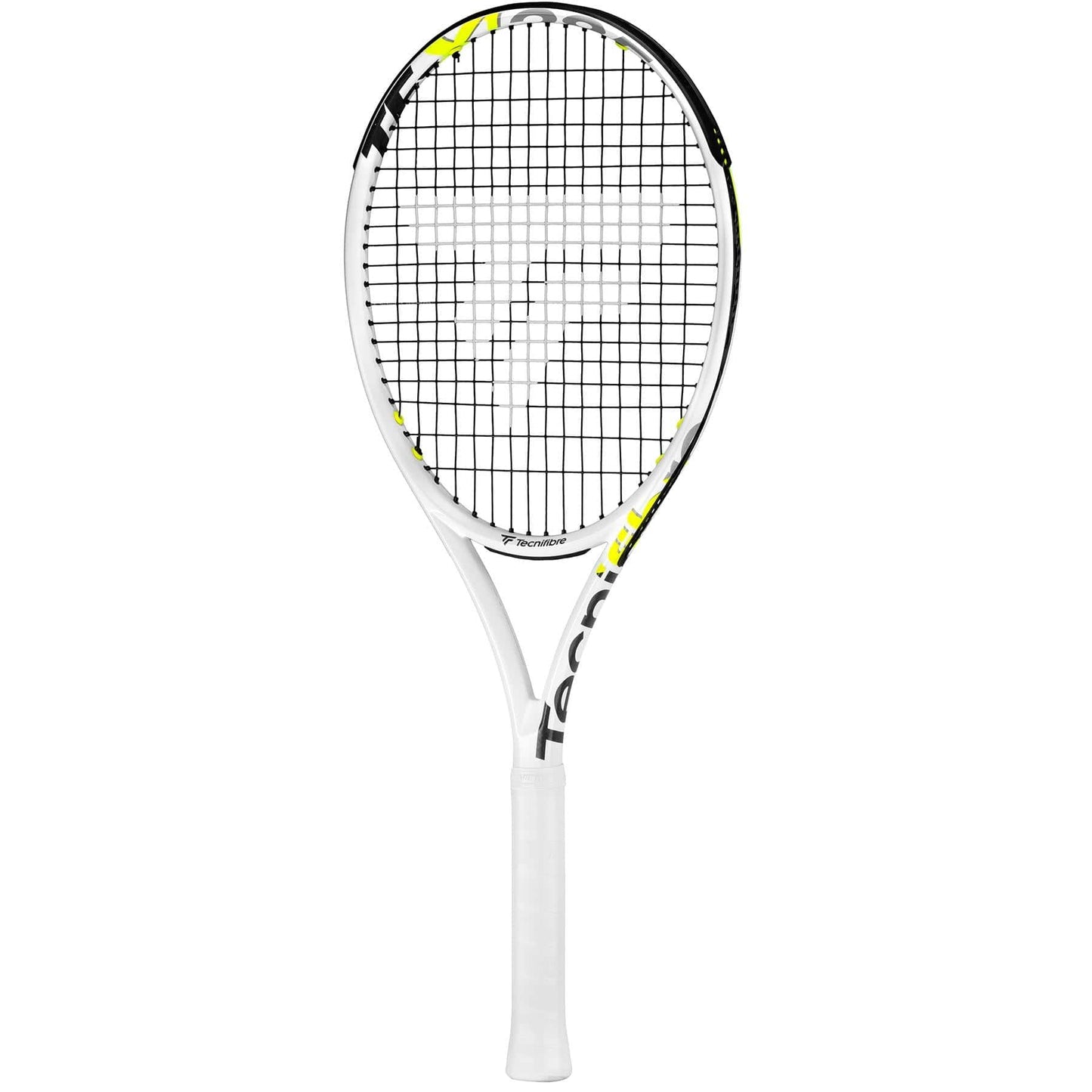 An image of the Tecnifibre TF-X1 285 tennis racket, featuring a predominantly white frame with black strings and yellow accents. Designed for stability and power, the Tecnifibre logo is visible on the strings. The handle is wrapped in white for enhanced grip.