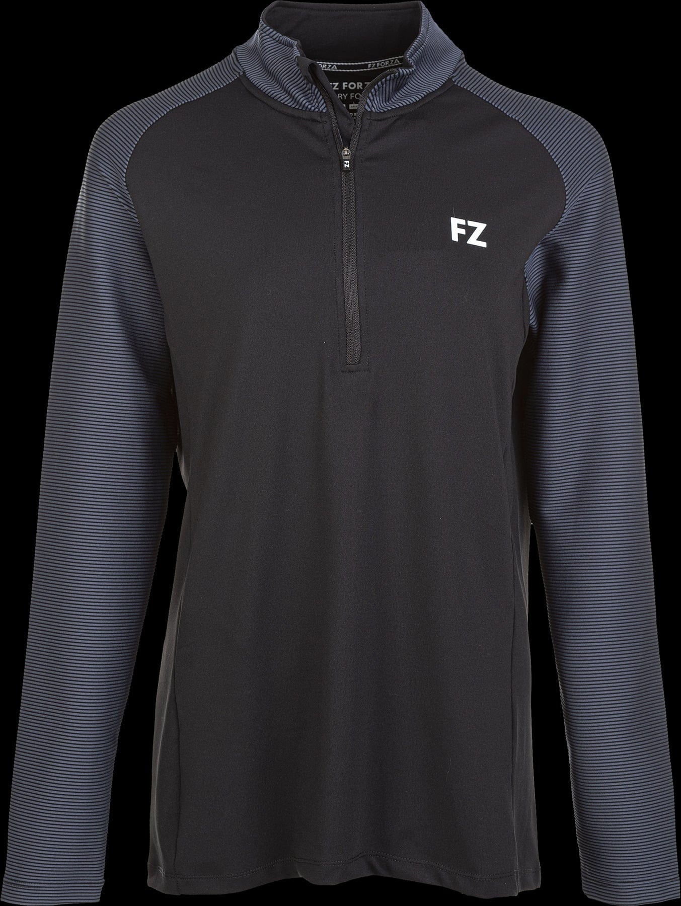 The FZ Forza Stacey Pulli Women's Quarter Zip Jacket in black is a stylish option, boasting stretchable long striped sleeves in a darker shade and a high collar. It showcases the "FZ" logo on the left chest and incorporates Dryforze technology for improved comfort.