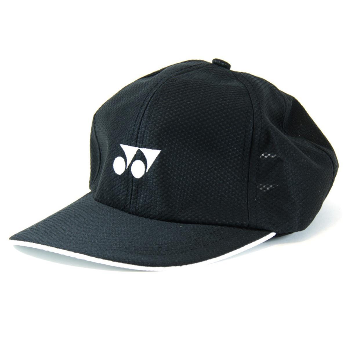 The Yonex W341 Tennis Cap - Black is a stylish black baseball cap with a curved brim, showcasing the brand's white logo on the front. The brim features a distinctive white outline, and the hat is made from textured fabric designed with sweat-wicking technology for enhanced comfort.