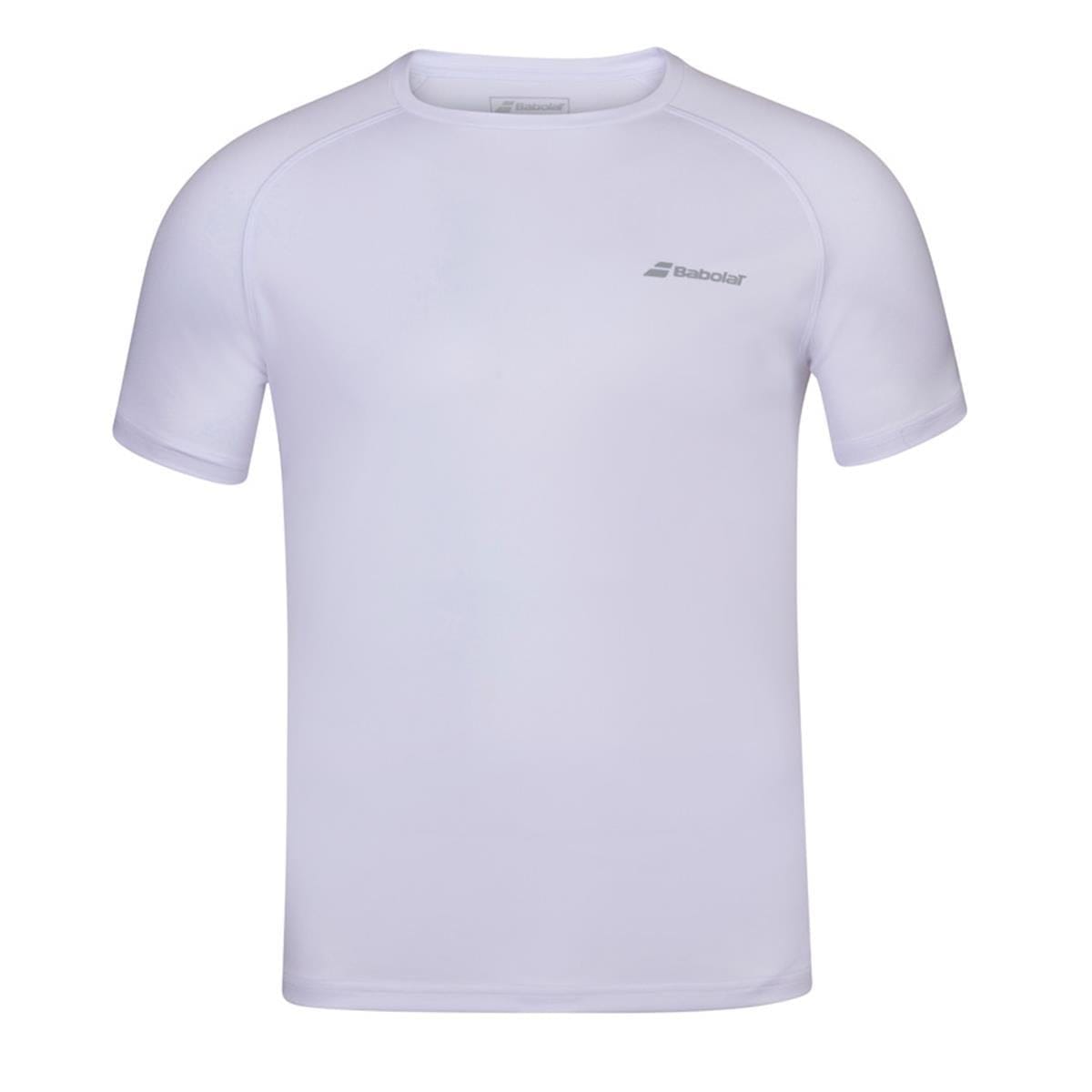 The Babolat Mens Play Crew Neck Tennis T-Shirt in white is crafted from Fiber Dry-polyester and features a small Babolat logo on the left chest.