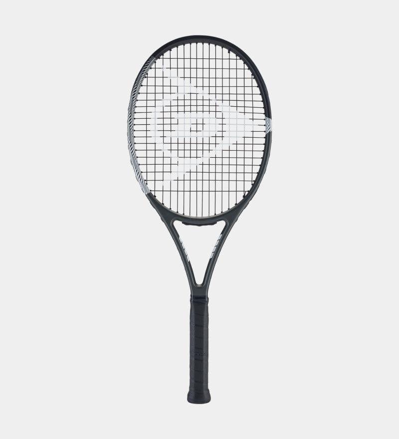 The Dunlop Tristorm Pro 265g Tennis Racket (Strung) showcases a sophisticated black design, highlighted by a patterned string net and the distinctive Dunlop logo prominently at the center, set against a simple white background. This racket is perfect for intermediate to advanced club players looking for precision and control on the court.