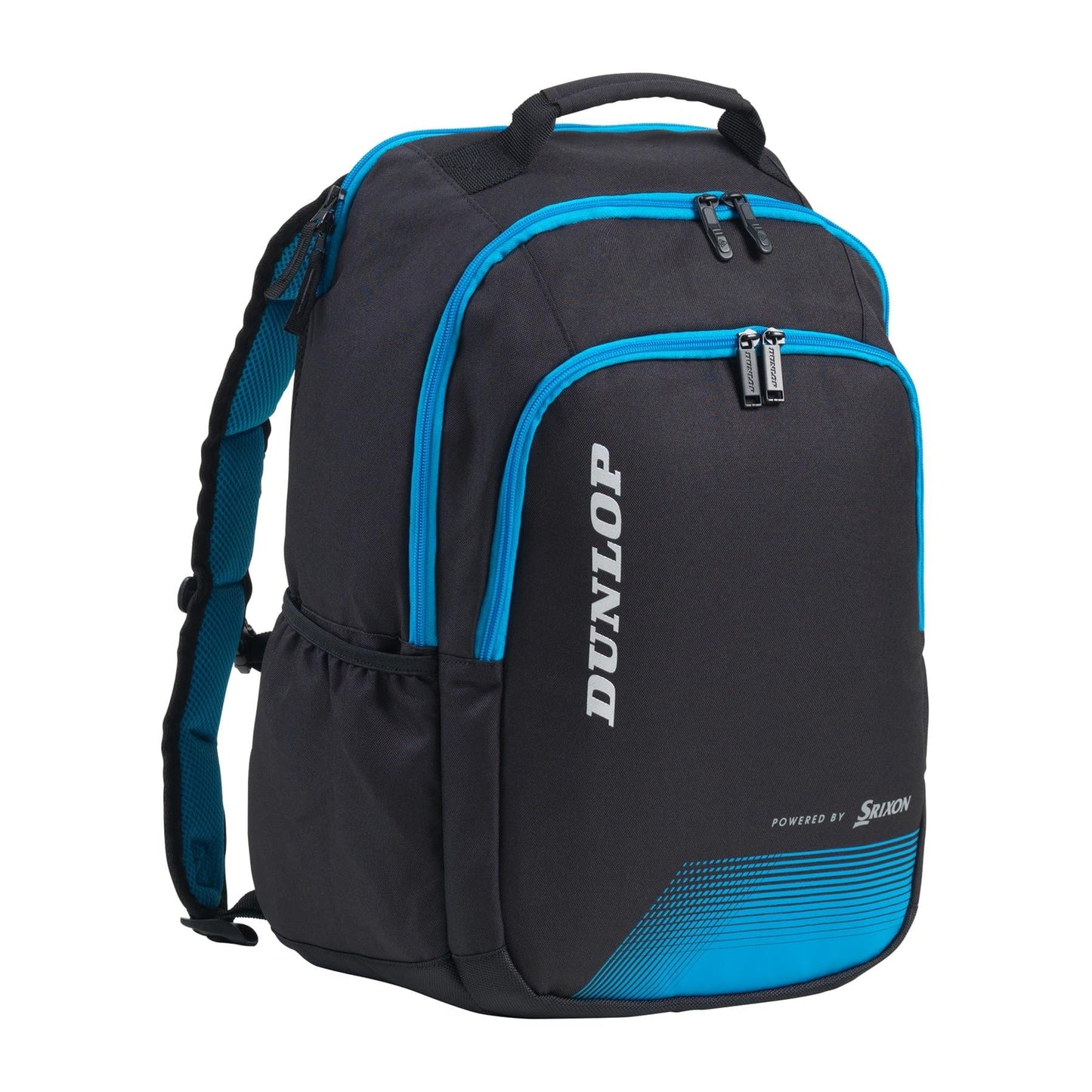 A Dunlop FX Performance Tennis Backpack in black and blue, branded with "Powered by Srixon" text, offers a sporty design that is both functional and stylish. It features multiple zippered compartments, a racket pocket, side pockets, and adjustable shoulder straps—ideal for carrying sports equipment or everyday items.