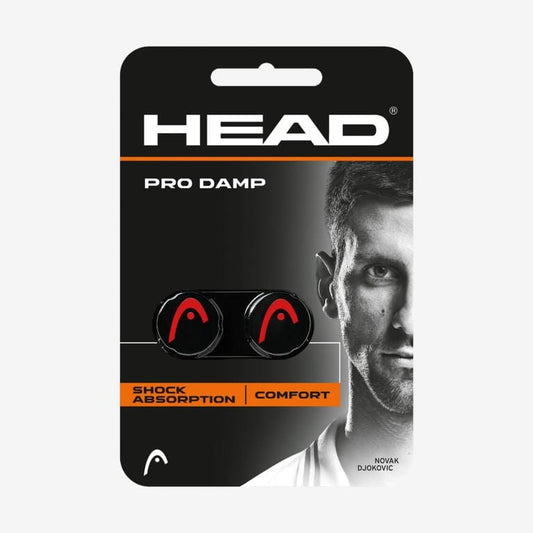 The HEAD Pro Damp Tennis Dampener - Black, from the brand HEAD, features a packaging design in black, red, and white. It highlights benefits such as "Shock Absorption" and "Comfort," utilizing silicone material to minimize vibrations. The right side of the packaging is embellished with a grayscale image of a man.