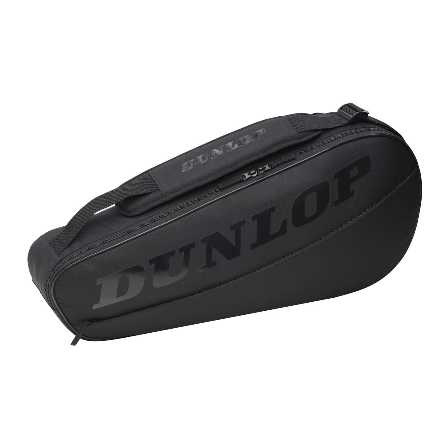 Here's a revised version of the sentence using the provided product data:
The Dunlop CX Club 3 Racket Tennis Bag - Black is a stylish bag equipped with a shoulder strap and zipper, showcasing the iconic Dunlop logo prominently on its side. It is perfectly designed to conveniently carry tennis rackets, equipment, and accessories.
