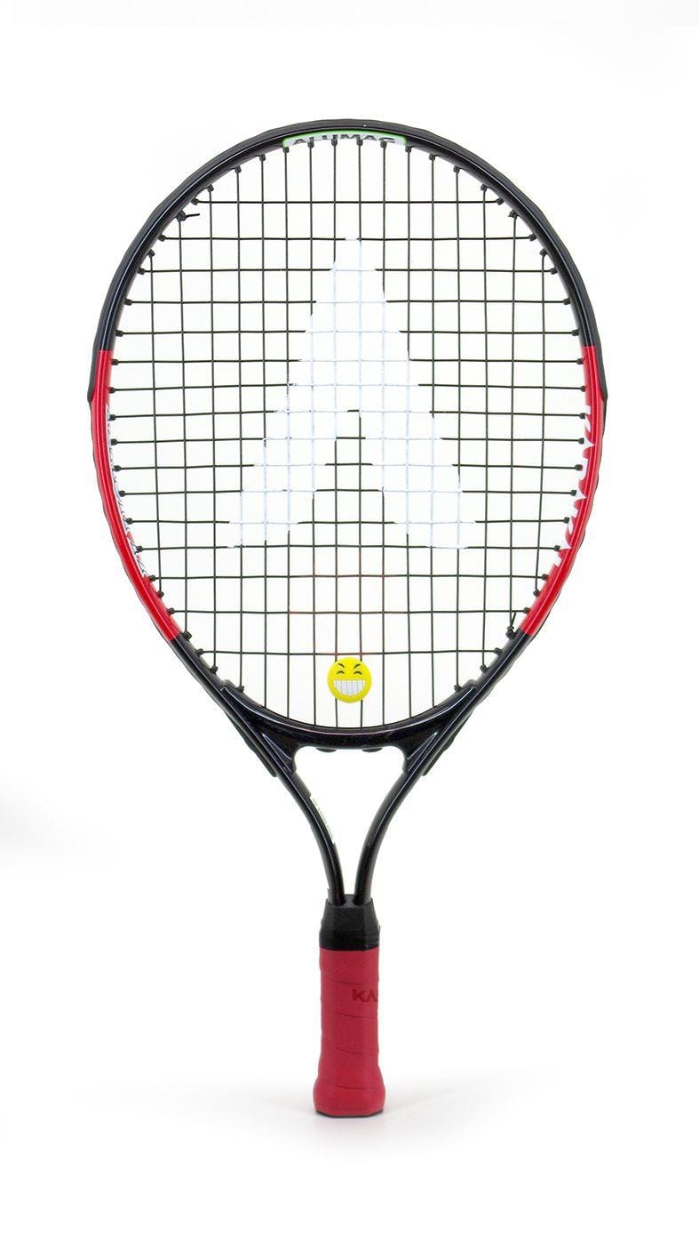 The Karakal Flash 19 Junior Tennis Racket, by the brand Karakal, stands out in black and red. Featuring a logo prominently centered on the strings, it comes equipped with a red grip tape on the handle for a sleek and sporty appearance. Additionally, vibration dampeners are included to enhance performance. The plain white background accentuates its dynamic design.