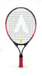 The Karakal Flash 19 Junior Tennis Racket, by the brand Karakal, stands out in black and red. Featuring a logo prominently centered on the strings, it comes equipped with a red grip tape on the handle for a sleek and sporty appearance. Additionally, vibration dampeners are included to enhance performance. The plain white background accentuates its dynamic design.
