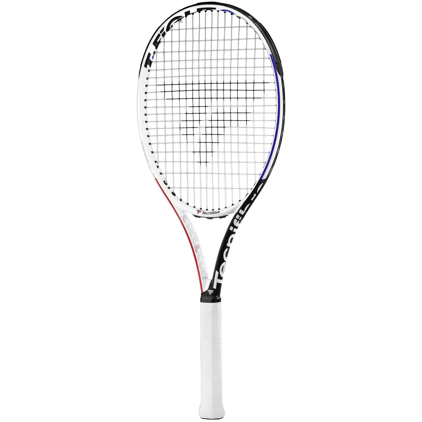 The Tecnifibre T-Fight 300 RS Tennis Racket, available in black and white (frame only), showcases a sleek design with the distinctive Tecnifibre branding. Ideal for intermediate to advanced players, it offers optimal control and comfort with its white grip tape on the handle.