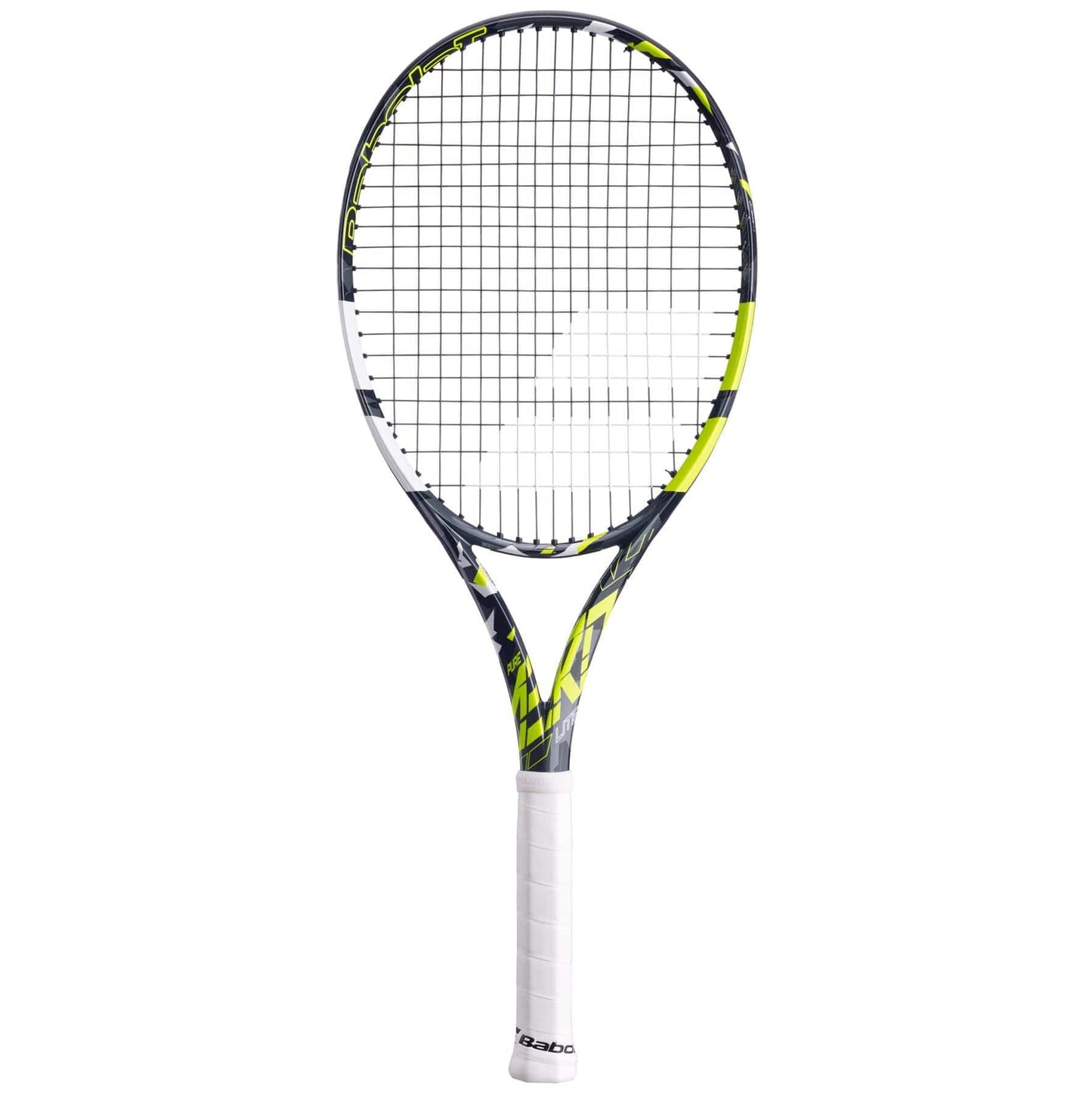Introducing the Babolat Pure Aero Lite 2023 Tennis Racket, designed in a striking grey and yellow color scheme. This racket incorporates Babolat's FSI Spin Technology to provide enhanced control. It features tightly woven strings and a handle wrapped in a white grip, making it an exceptional choice for generating spin.