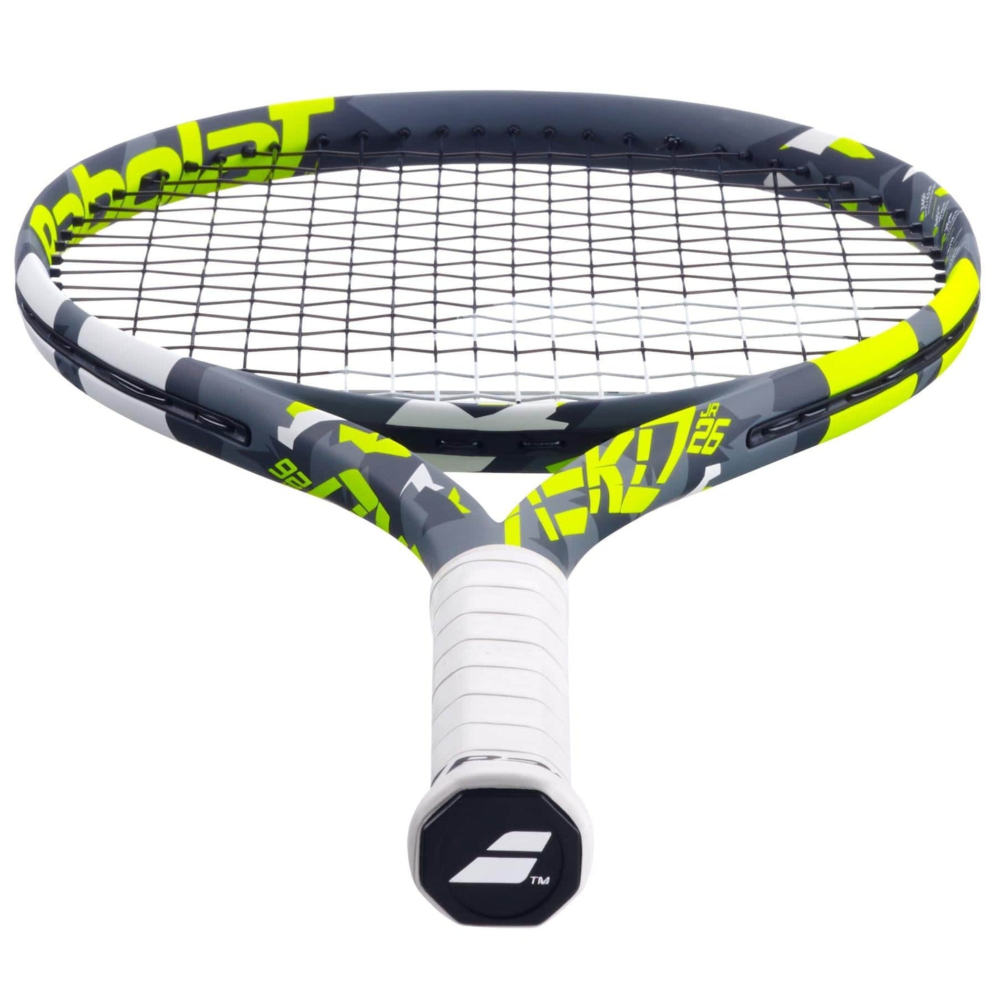 Close-up of the Babolat Aero Junior 26 tennis racket from the brand Babolat, featuring a sleek grey and yellow design. The handle is wrapped in white grip tape with the logo displayed on the butt end. Its strung pattern enhances spin potential with tightly woven strings.