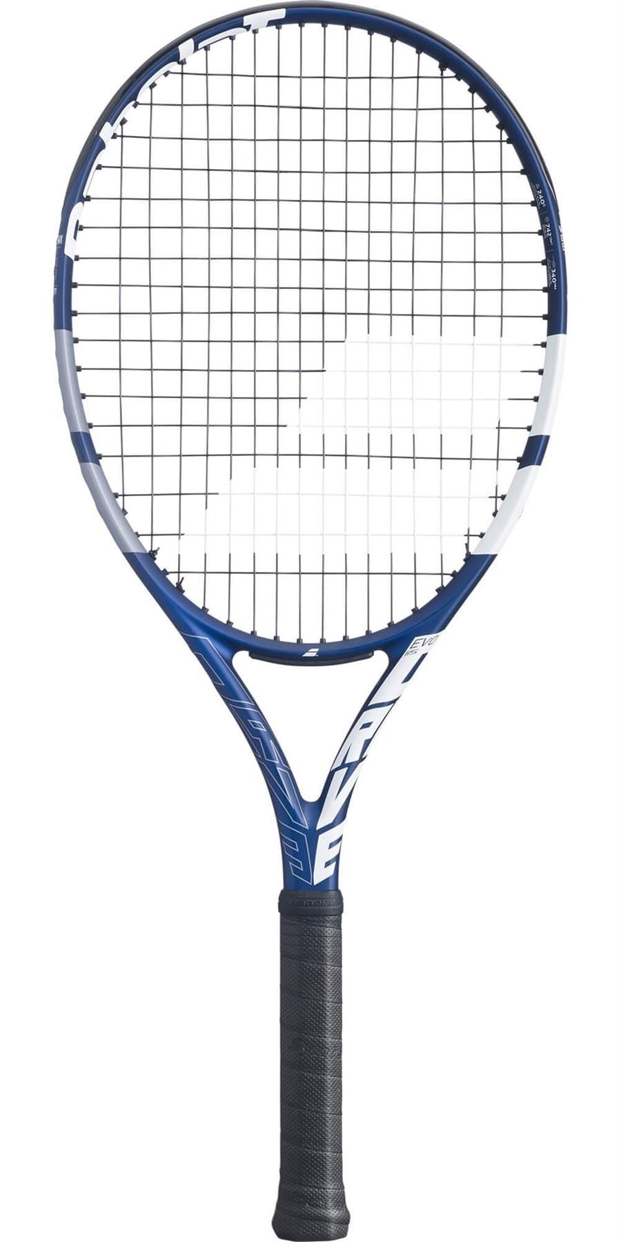 The Babolat EVO Drive 115 Tennis Racket, in a dark blue finish and strung for immediate play, offers impressive power while maintaining a lightweight feel, making it ideal for intermediate players. Its striking design features a modern frame with black grip and mesh string pattern that pops against a plain white background.