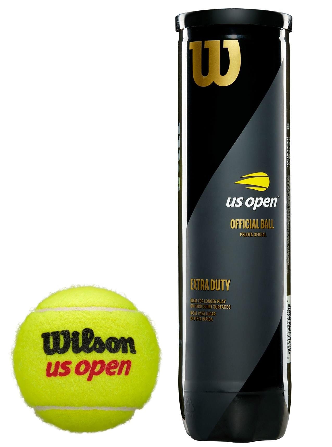 Image showing a bright yellow Wilson US Open tennis ball alongside a sleek black canister labeled "Wilson US Open Official Tennis Balls - 4 Ball Tube." Specifically crafted by Wilson for peak performance on hard court surfaces, the ball prominently displays "Wilson US Open" text in red and black.